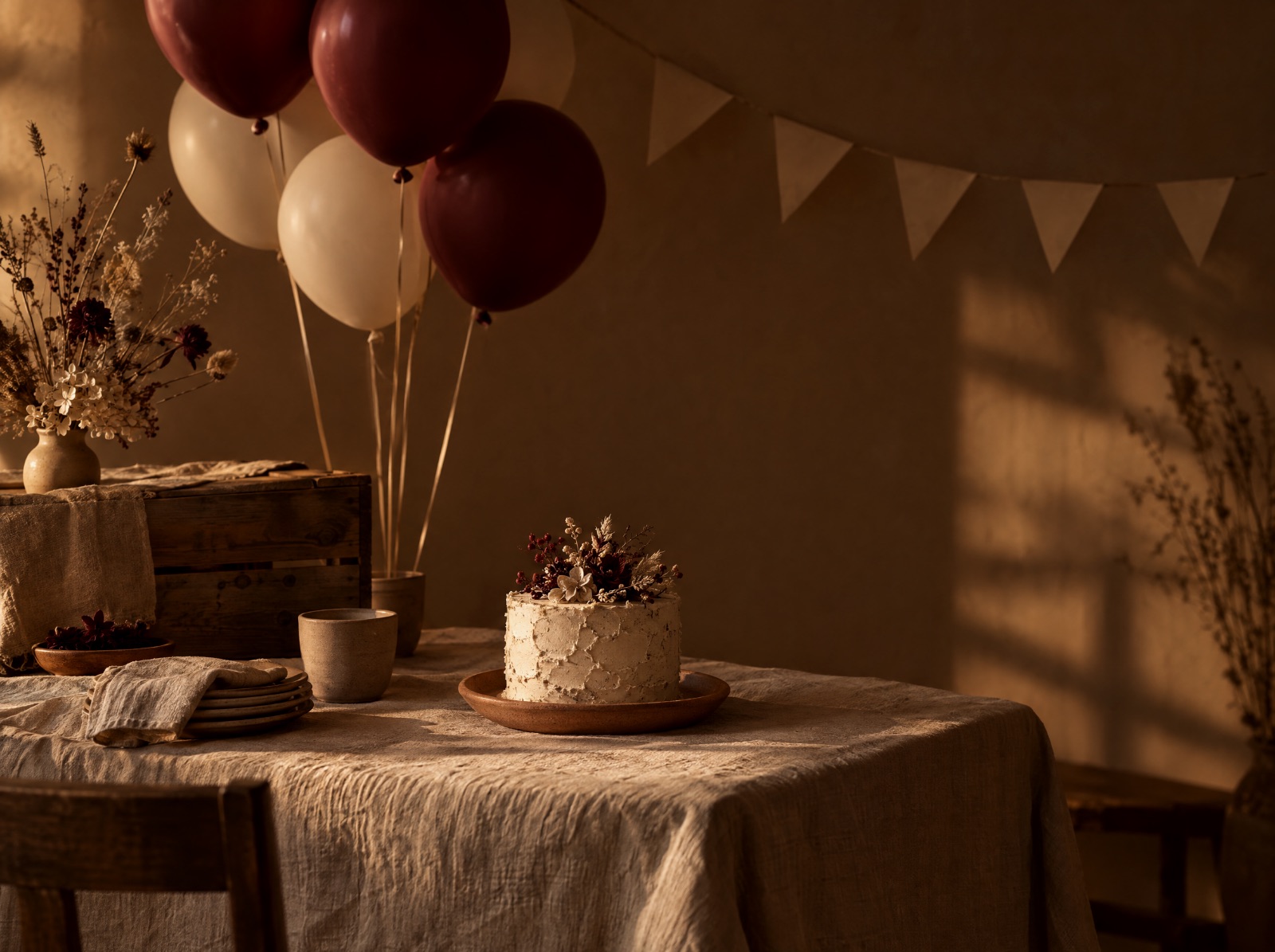 طاولة عيد ميلاد صغيرة ببالونات بورجوندي وكريمية