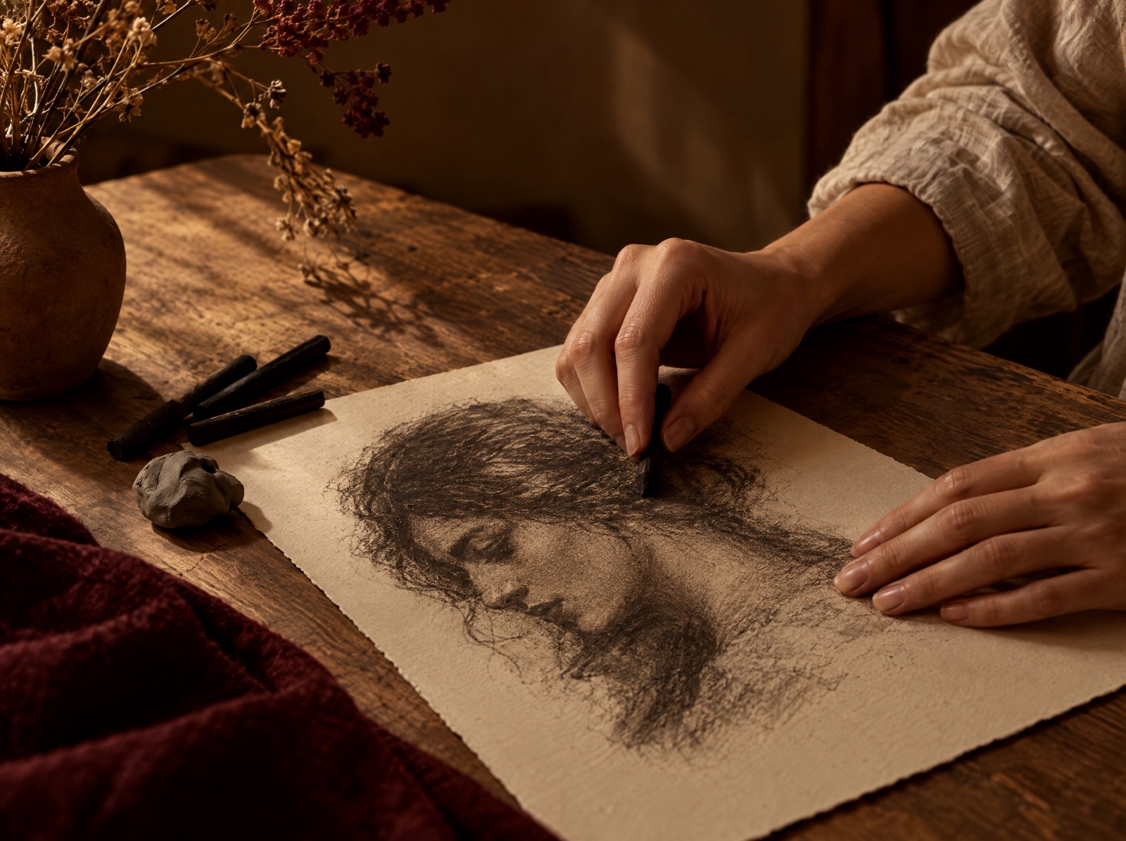 يدان ترسمان بورتريه بالفحم على ورق كريمي