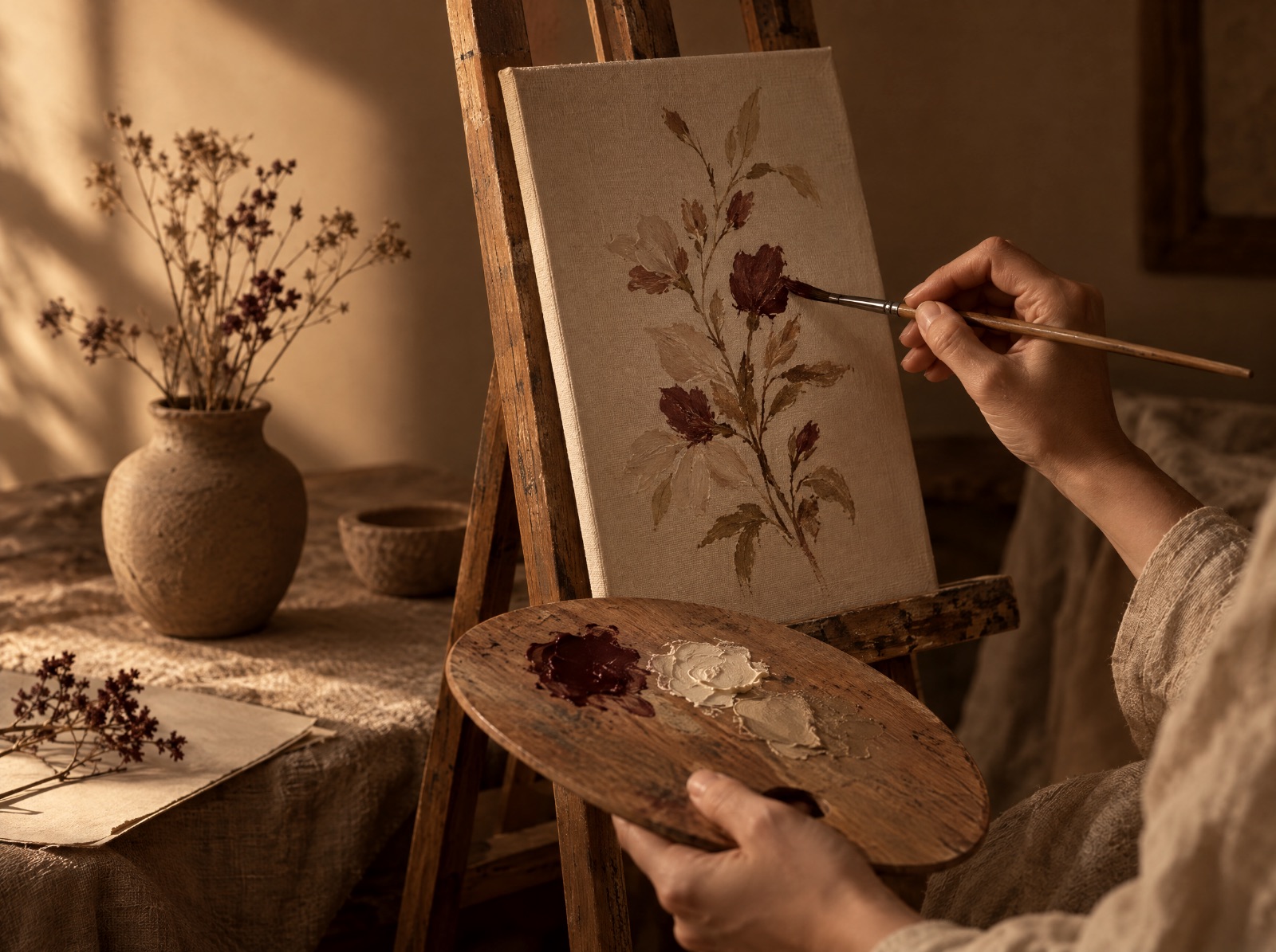يد تمسك فرشاة وترسم دراسة نباتية على كانفاس